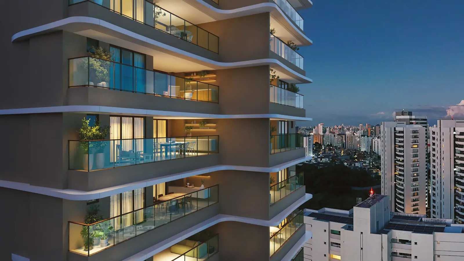 Detalhe da arquitetura e das varandas do Elleve Horto